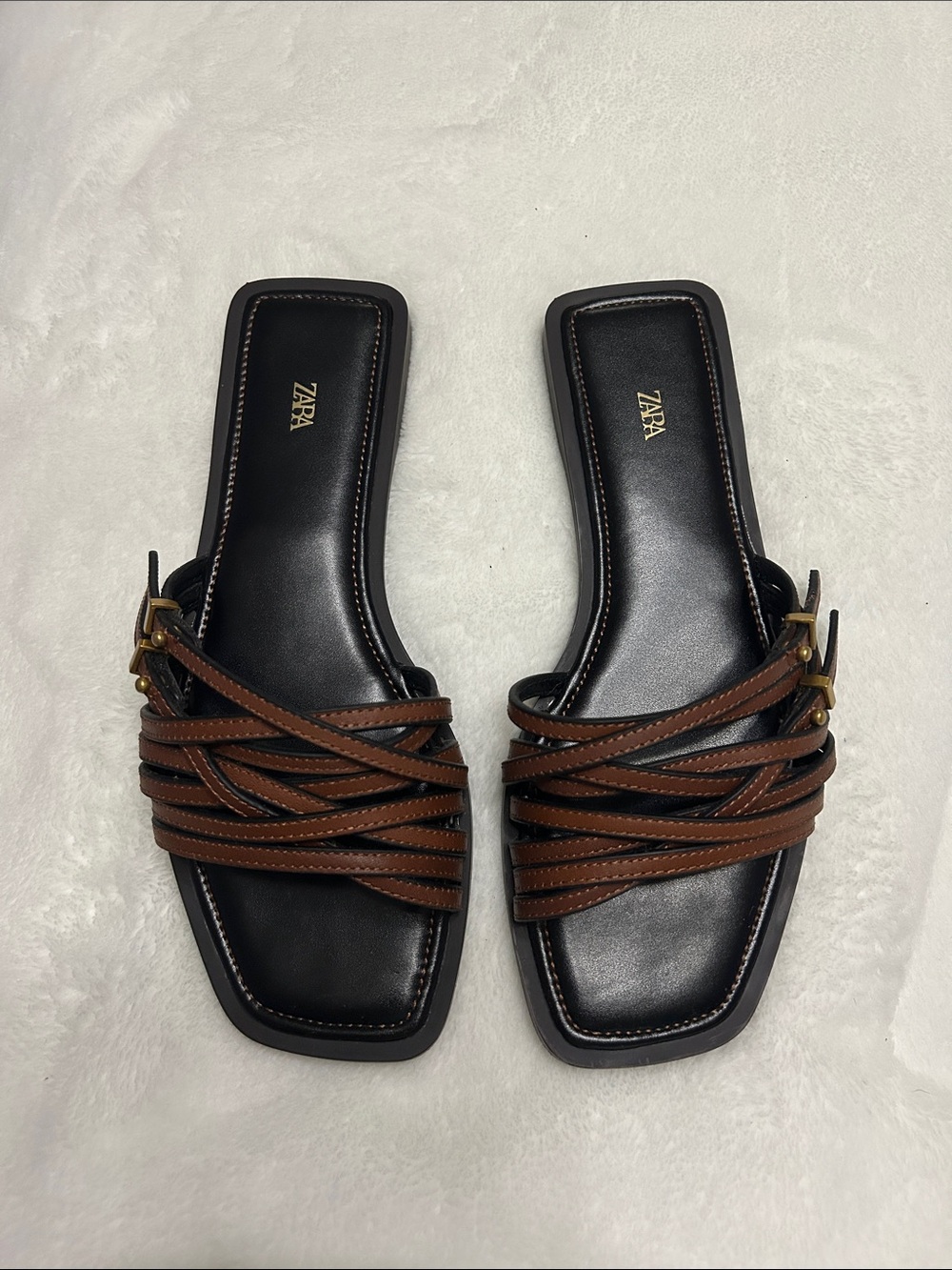 Zara Black Footbed Brown Strappy Slide Sandals